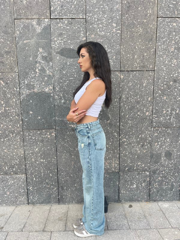 Hight-waist light acid wash straight leg jeans