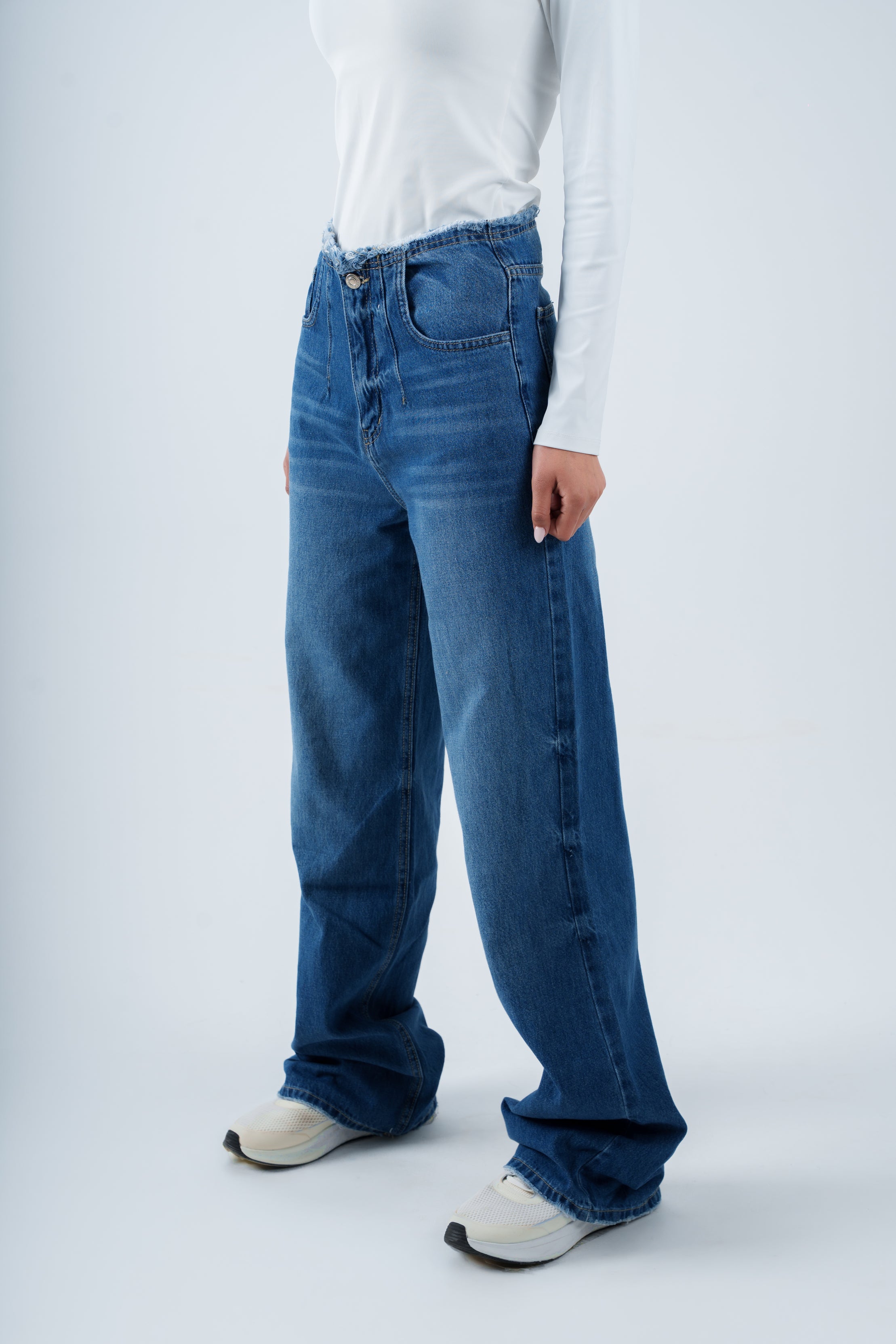 No Waist Jeans Medium Wash Wide Leg
