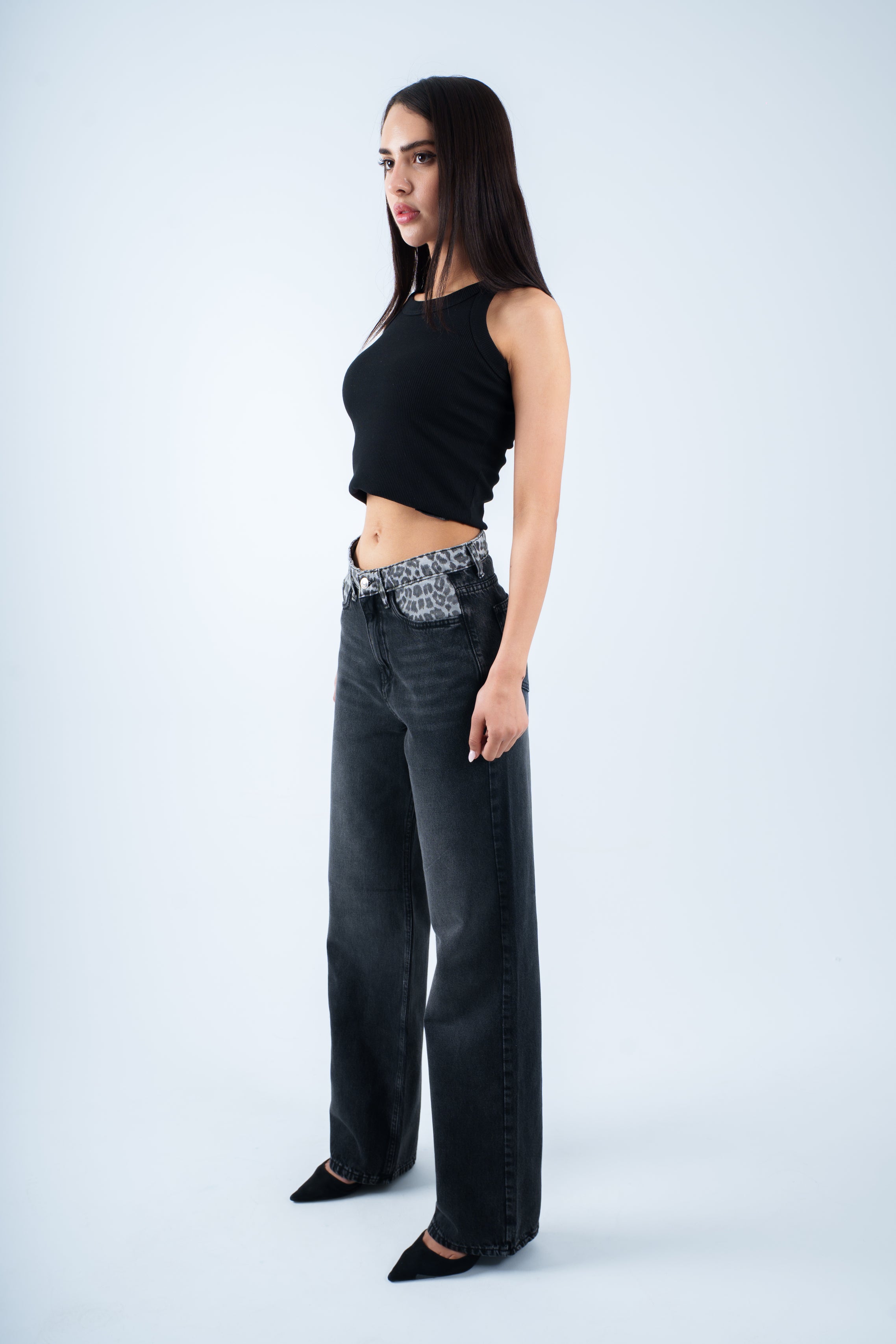 High-Waist Leopard Dark Grey Straight Leg Jeans