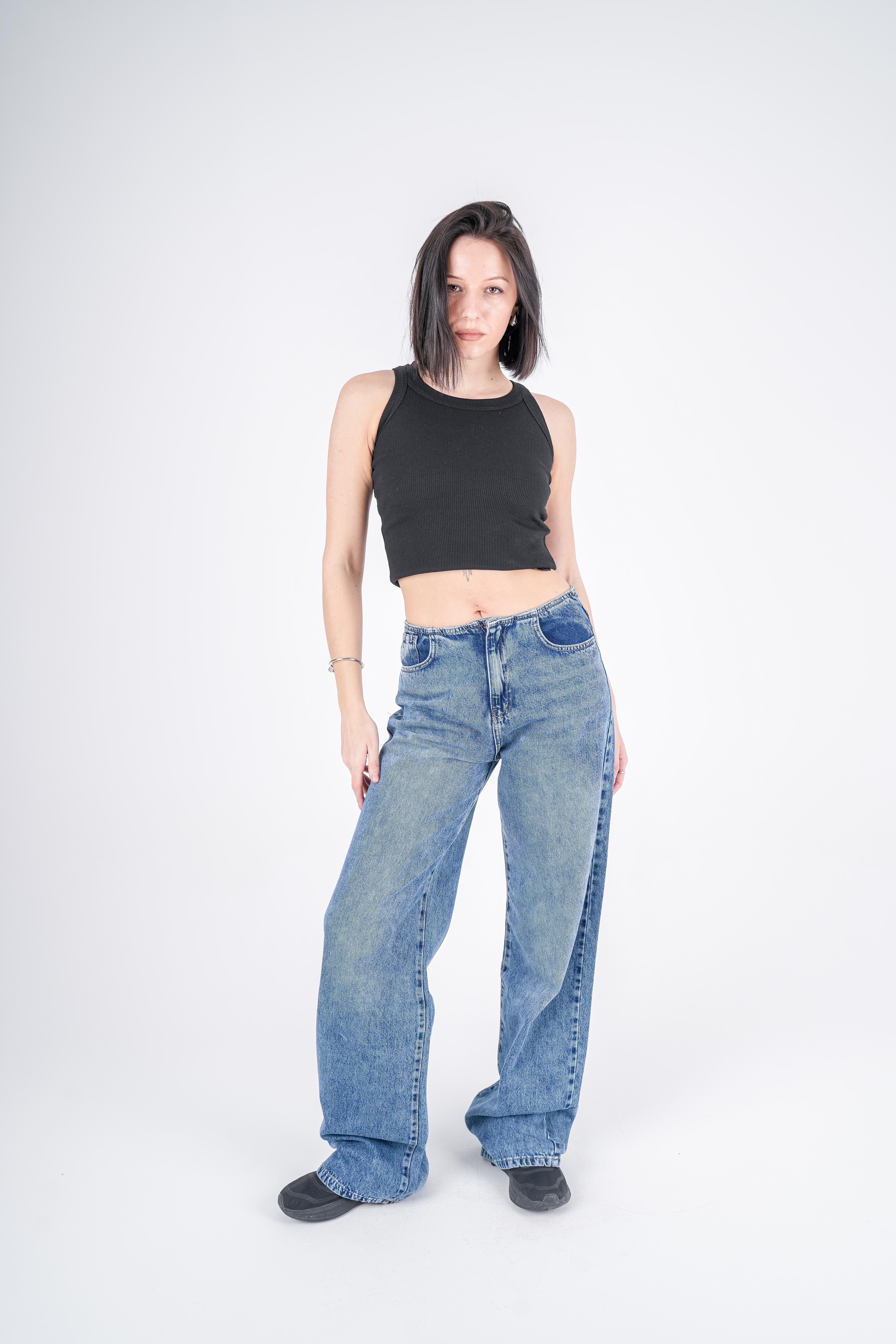 No Waist Jeans Blue Wash Wide Leg
