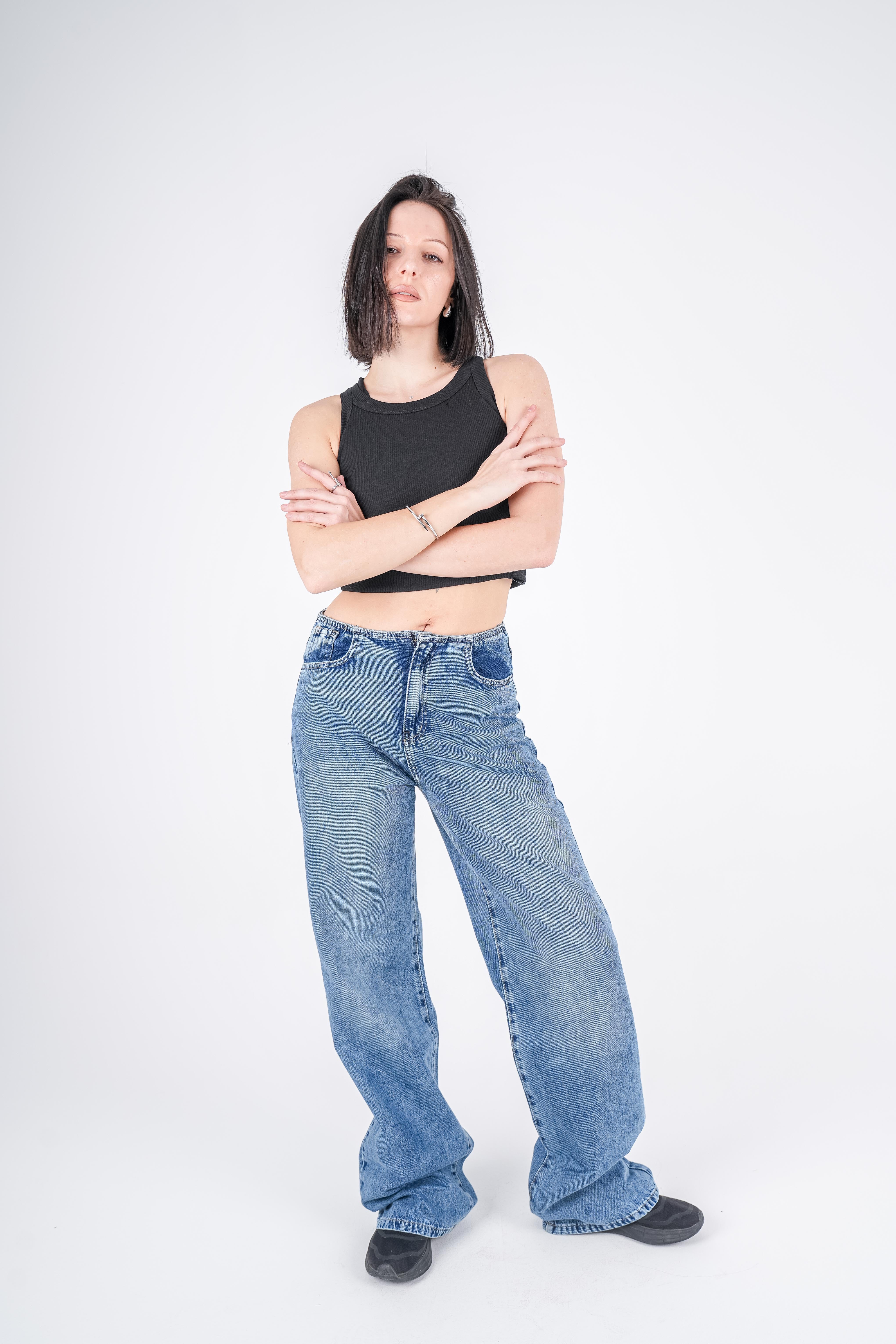 No Waist Jeans Blue Wash Wide Leg