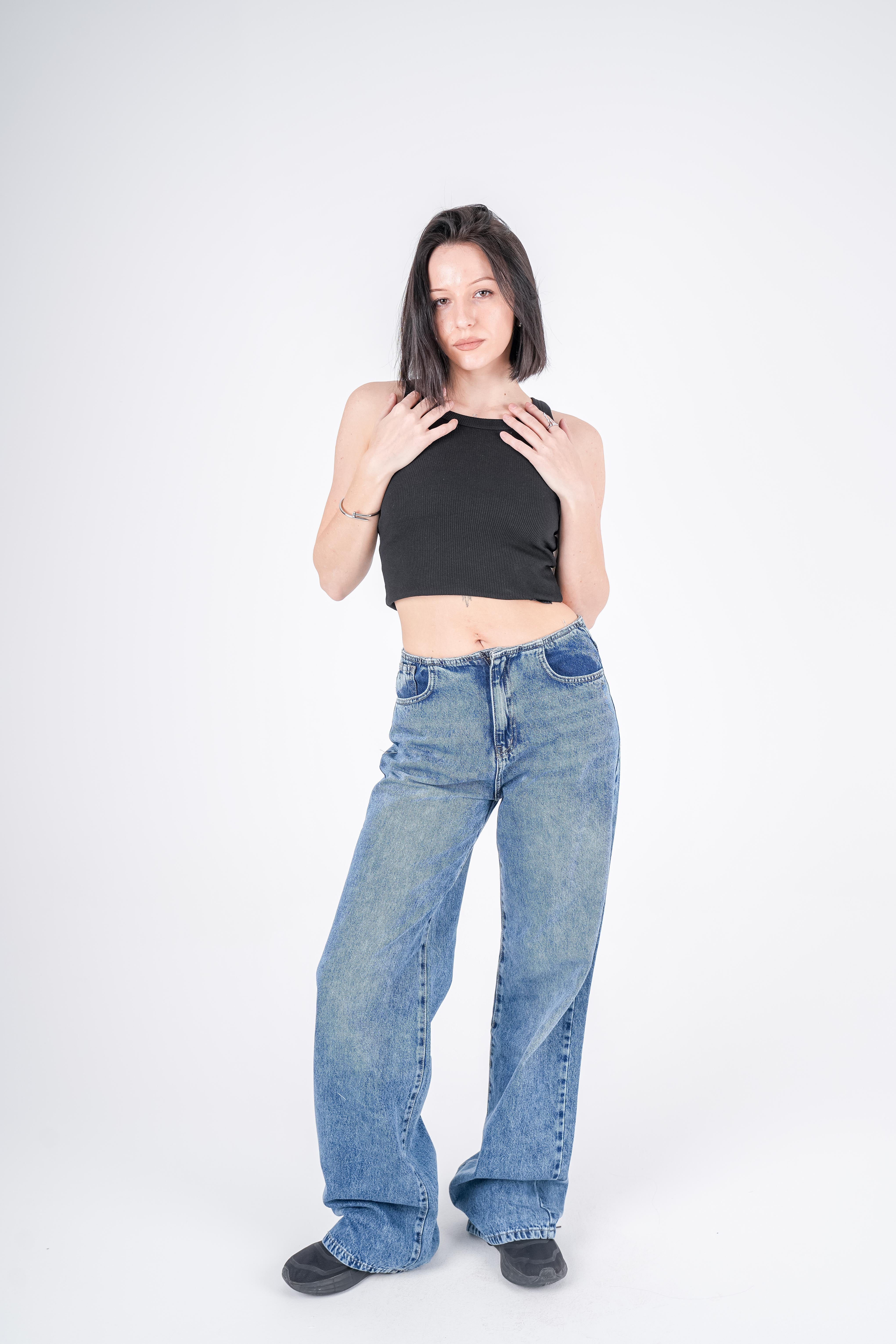 No Waist Jeans Blue Wash Wide Leg