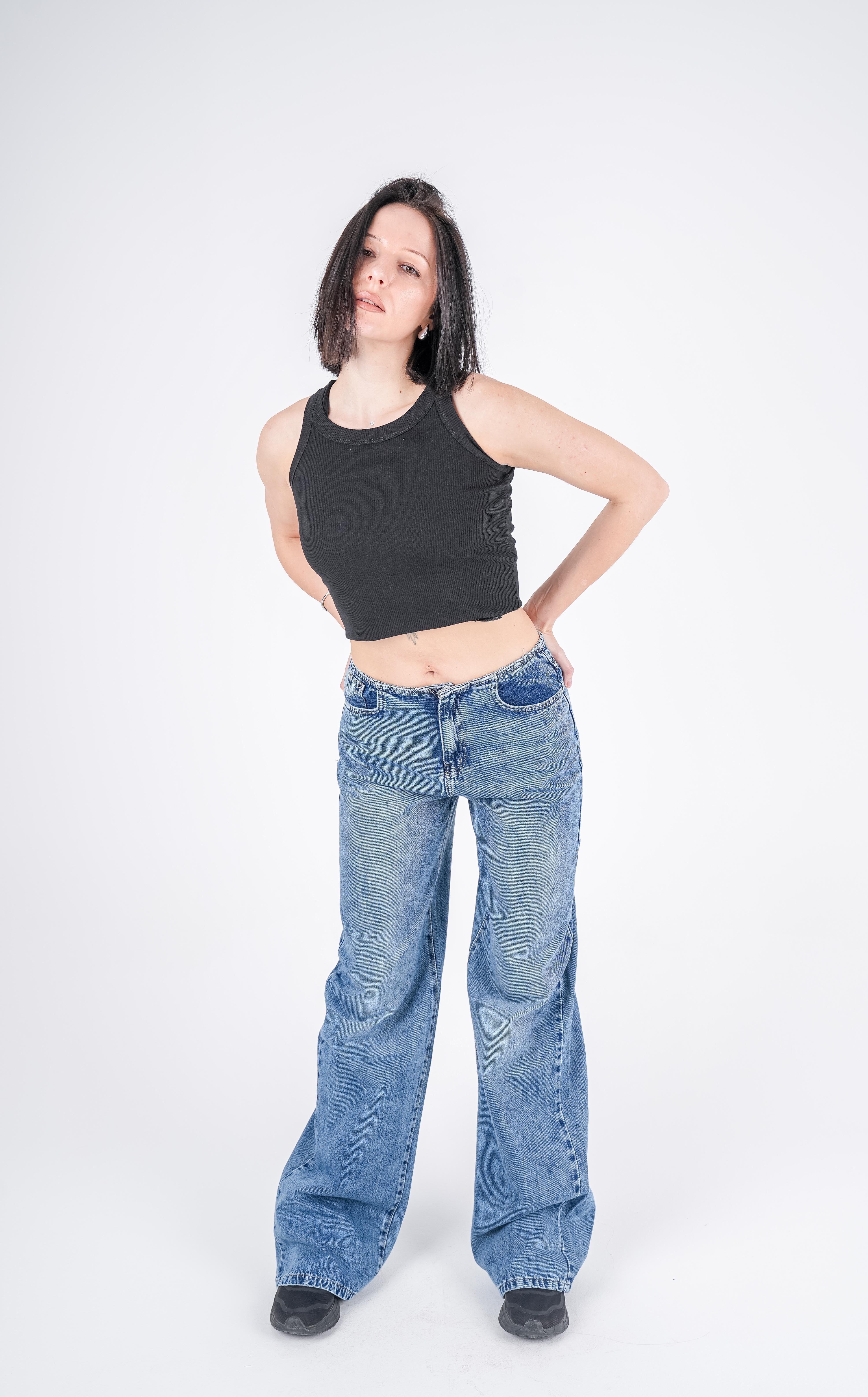 No Waist Jeans Blue Wash Wide Leg