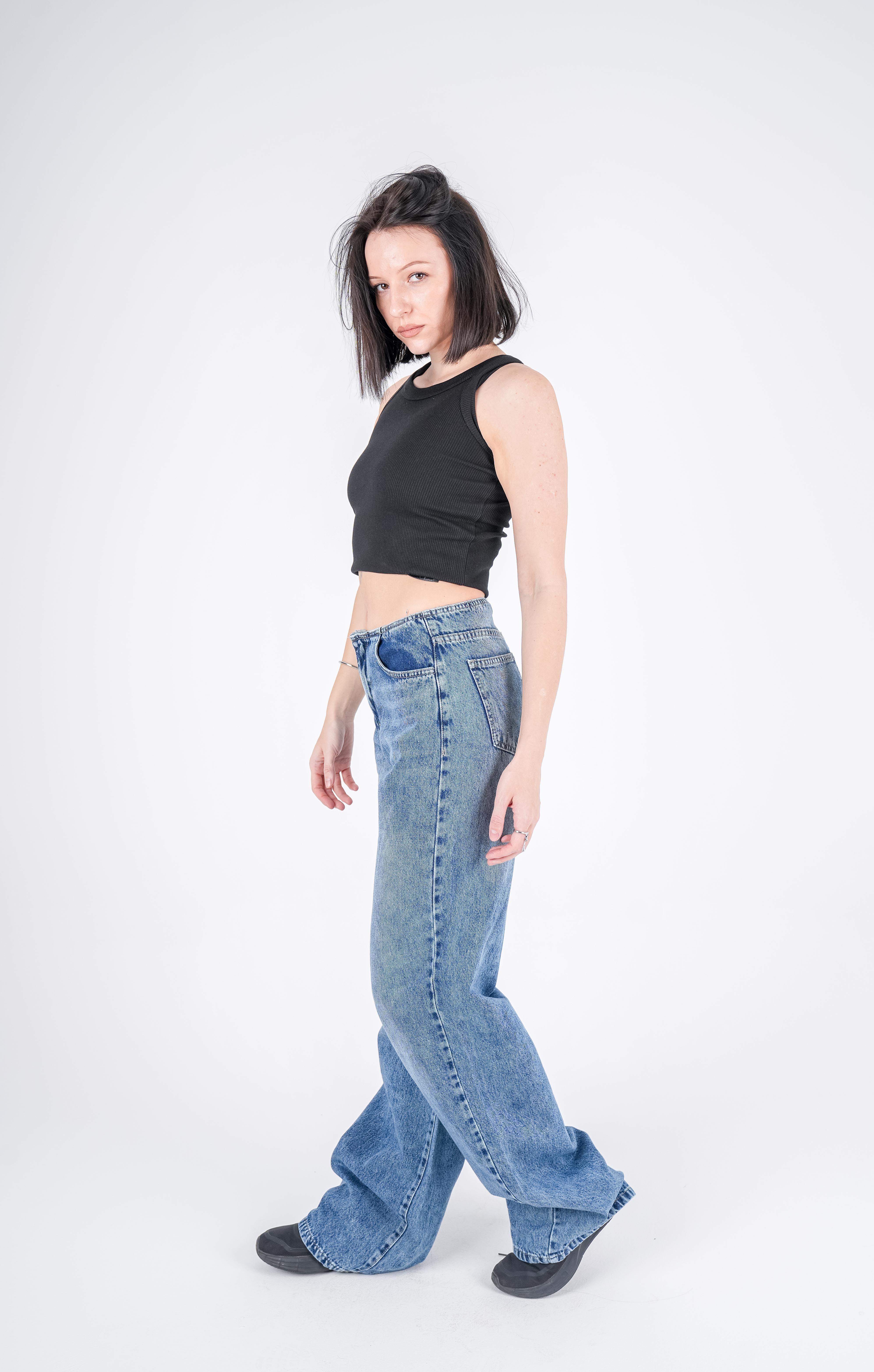 No Waist Jeans Blue Wash Wide Leg