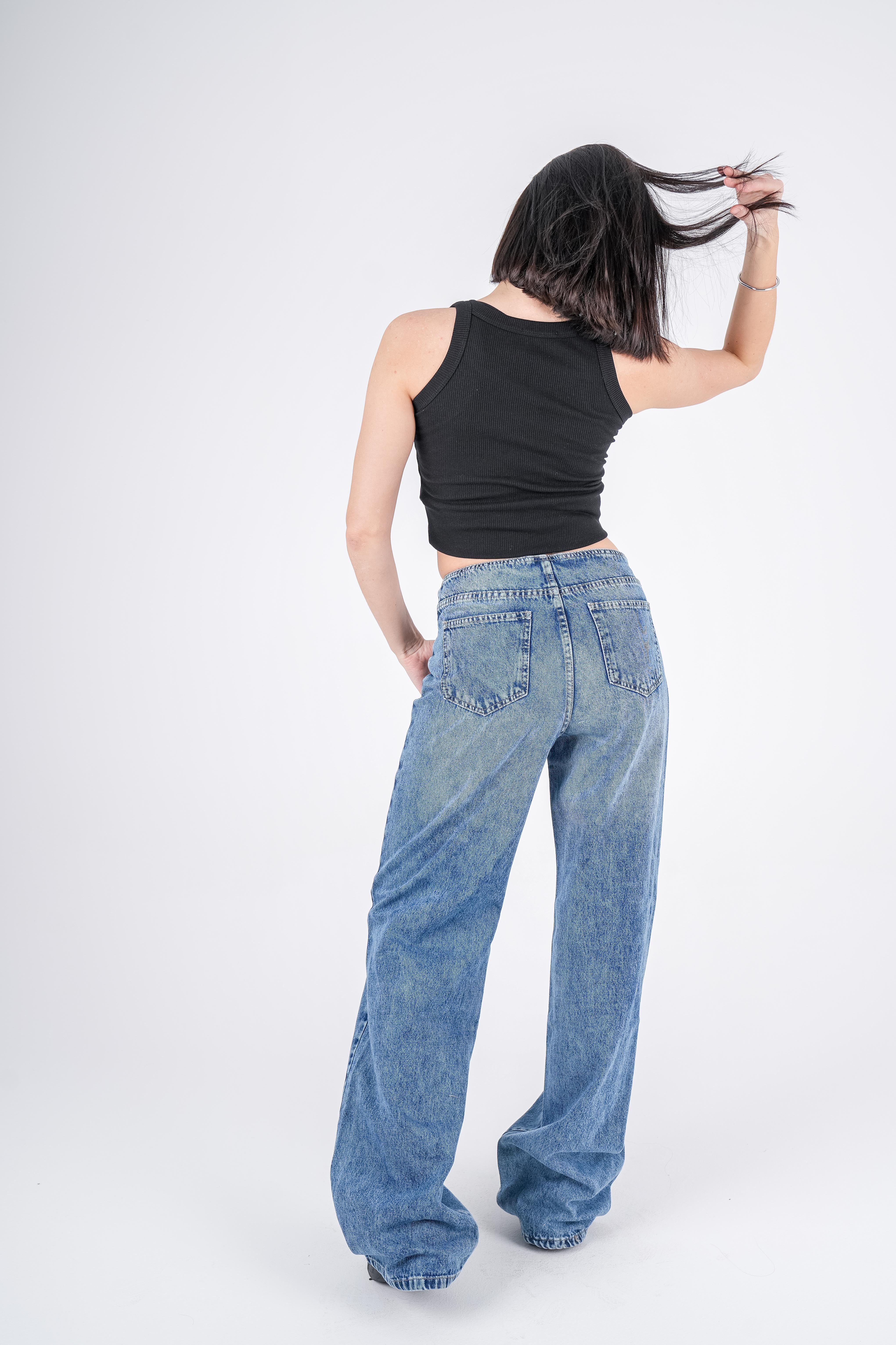 No Waist Jeans Blue Wash Wide Leg