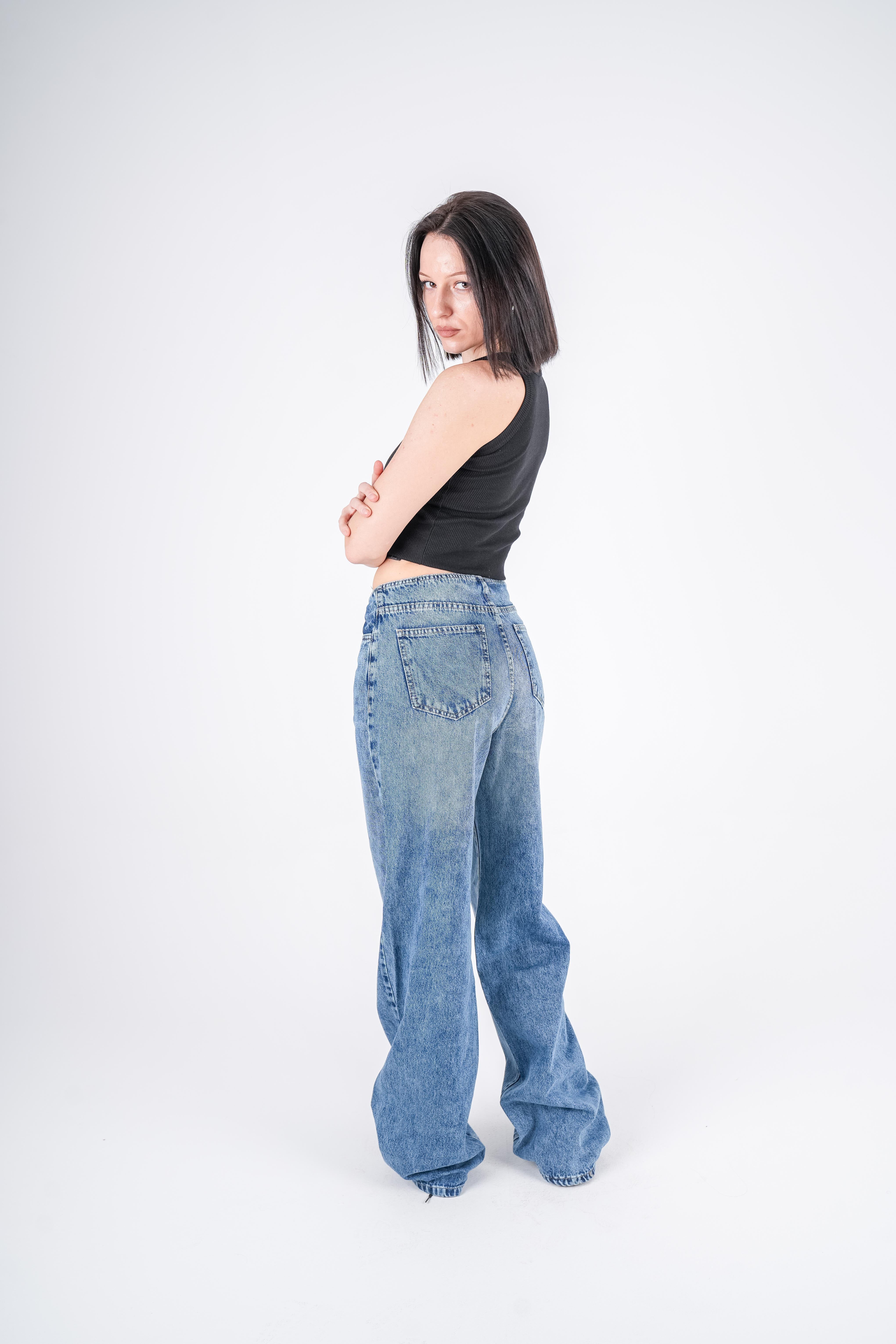 No Waist Jeans Blue Wash Wide Leg
