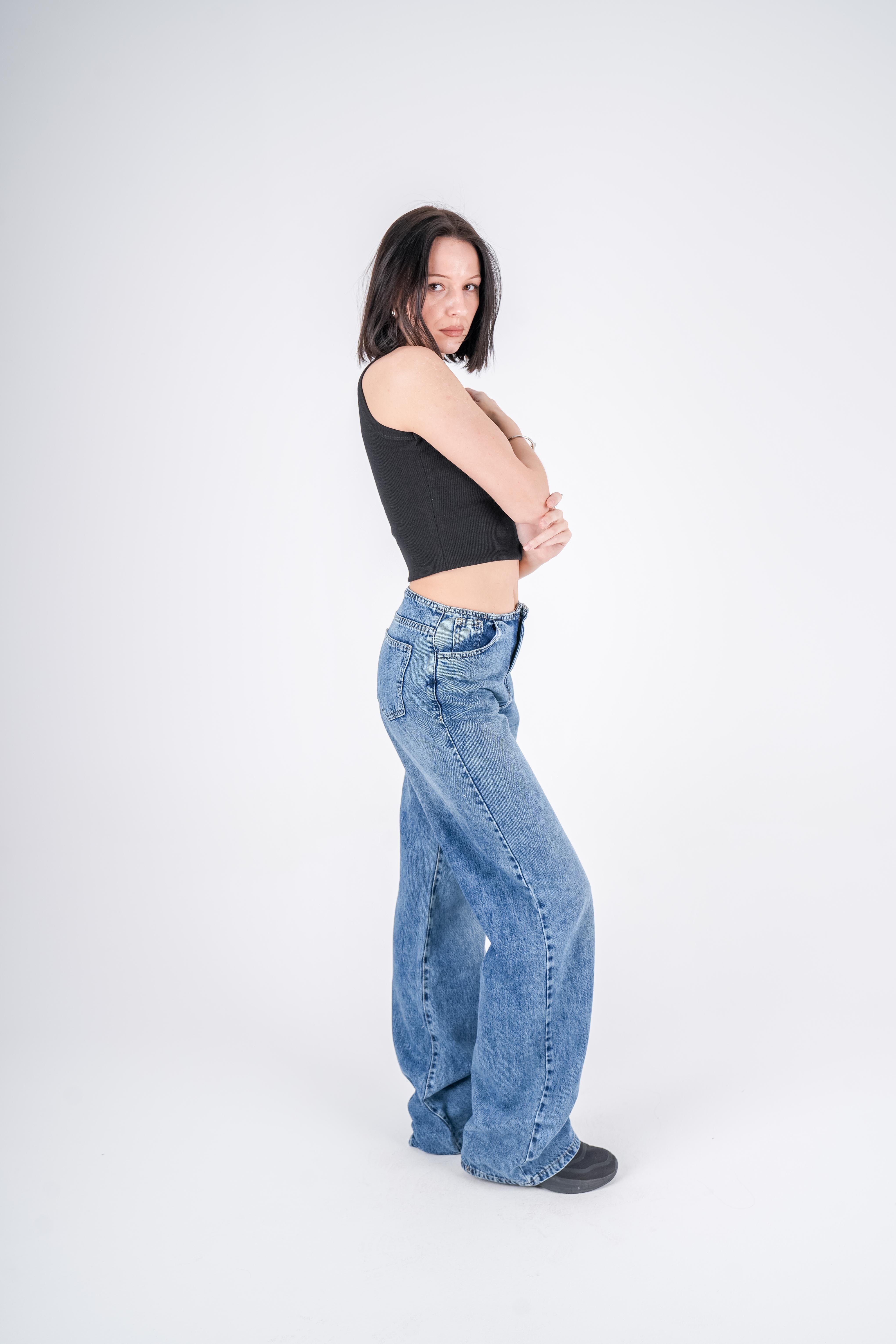 No Waist Jeans Blue Wash Wide Leg