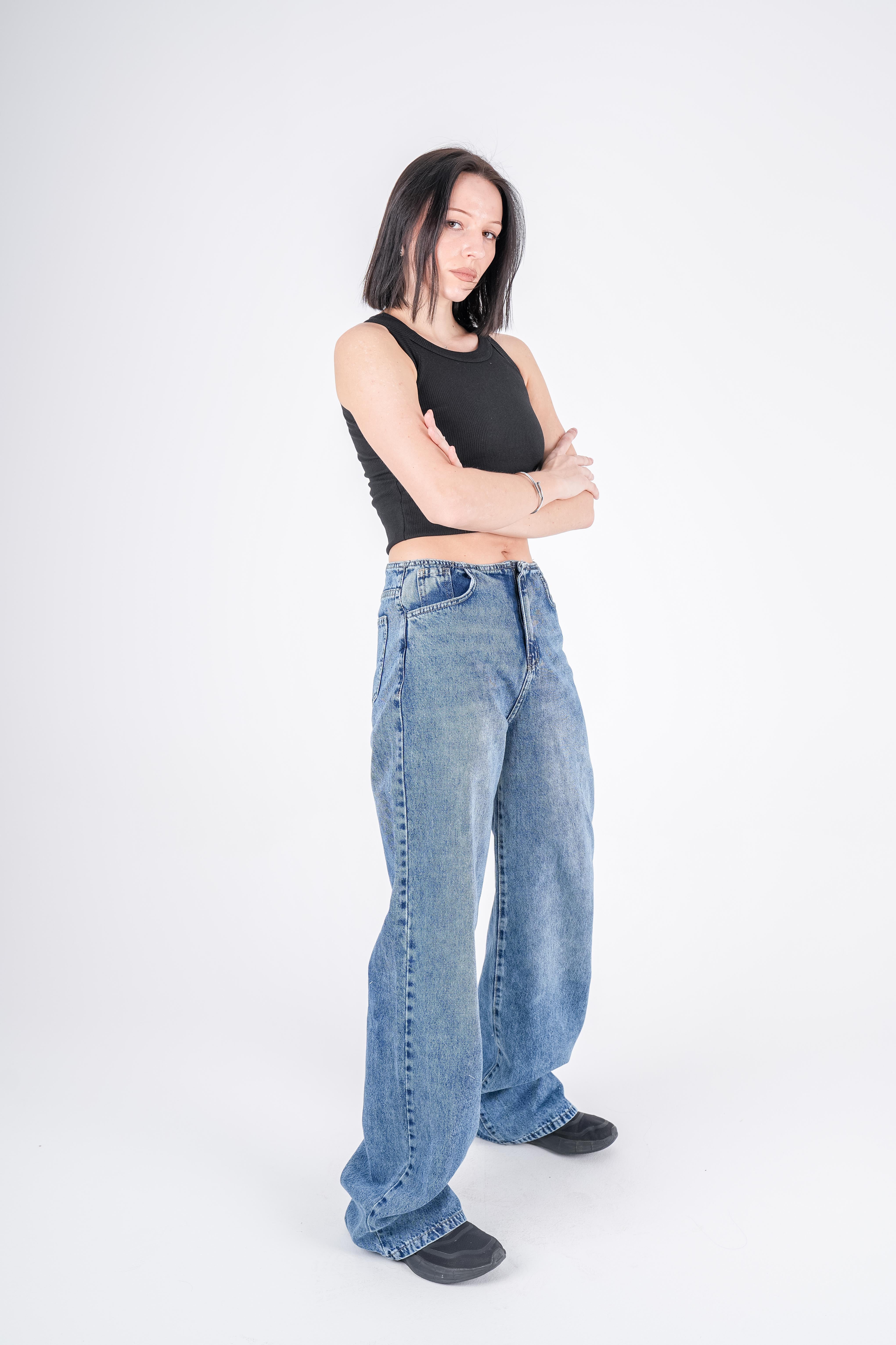 No Waist Jeans Blue Wash Wide Leg