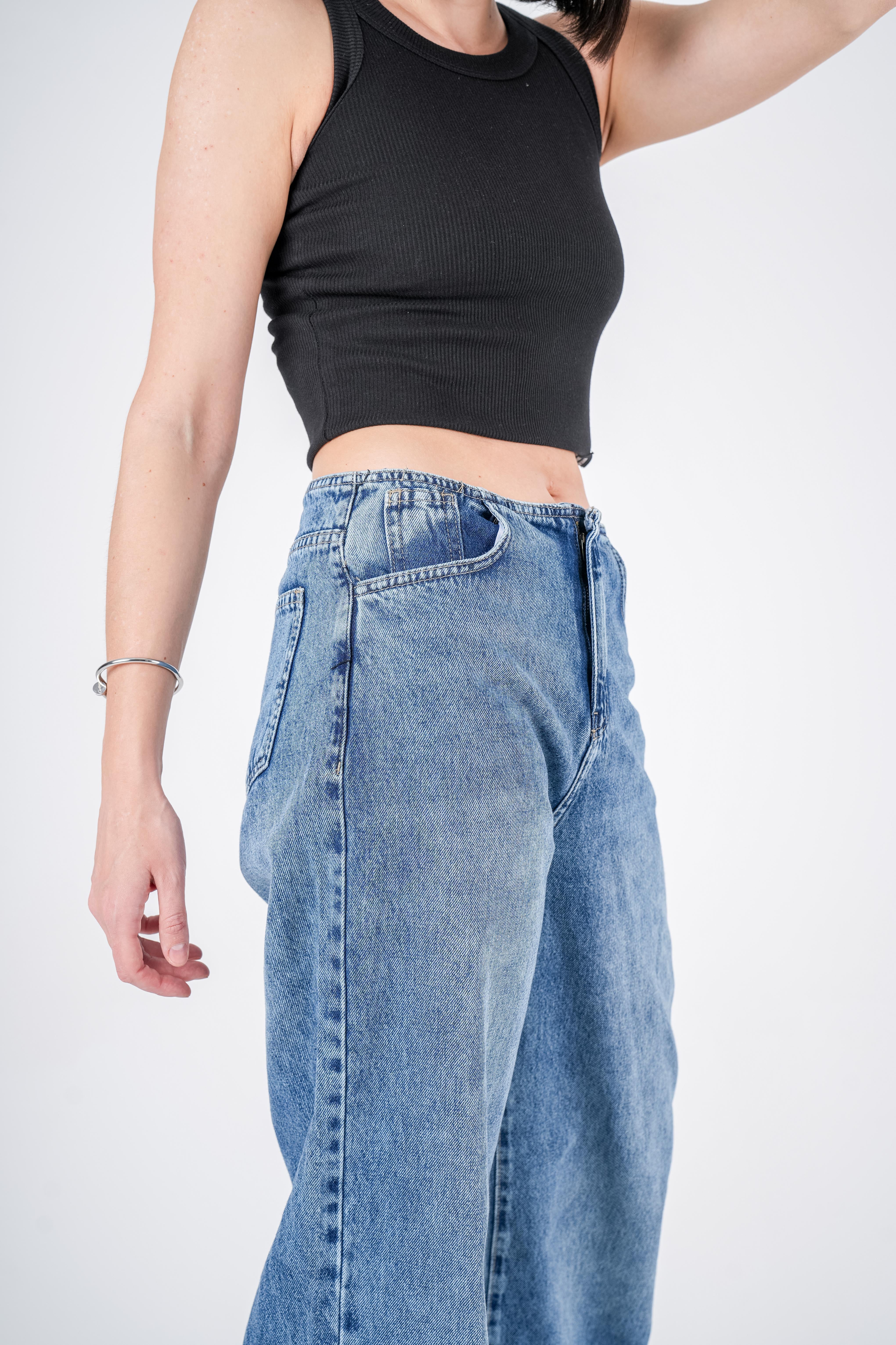 No Waist Jeans Blue Wash Wide Leg