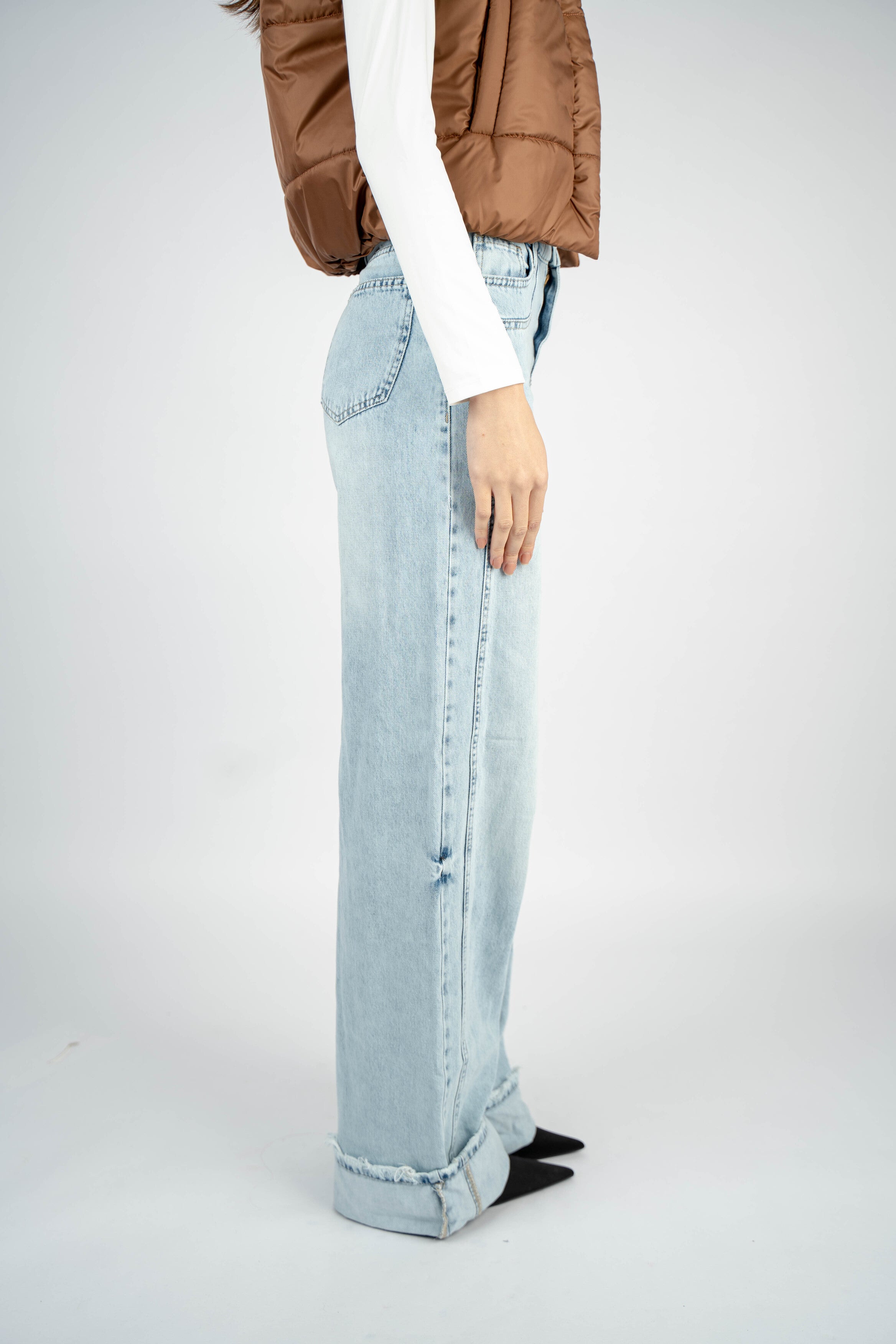 High-Waist Light Wash Long Straight Leg Jeans