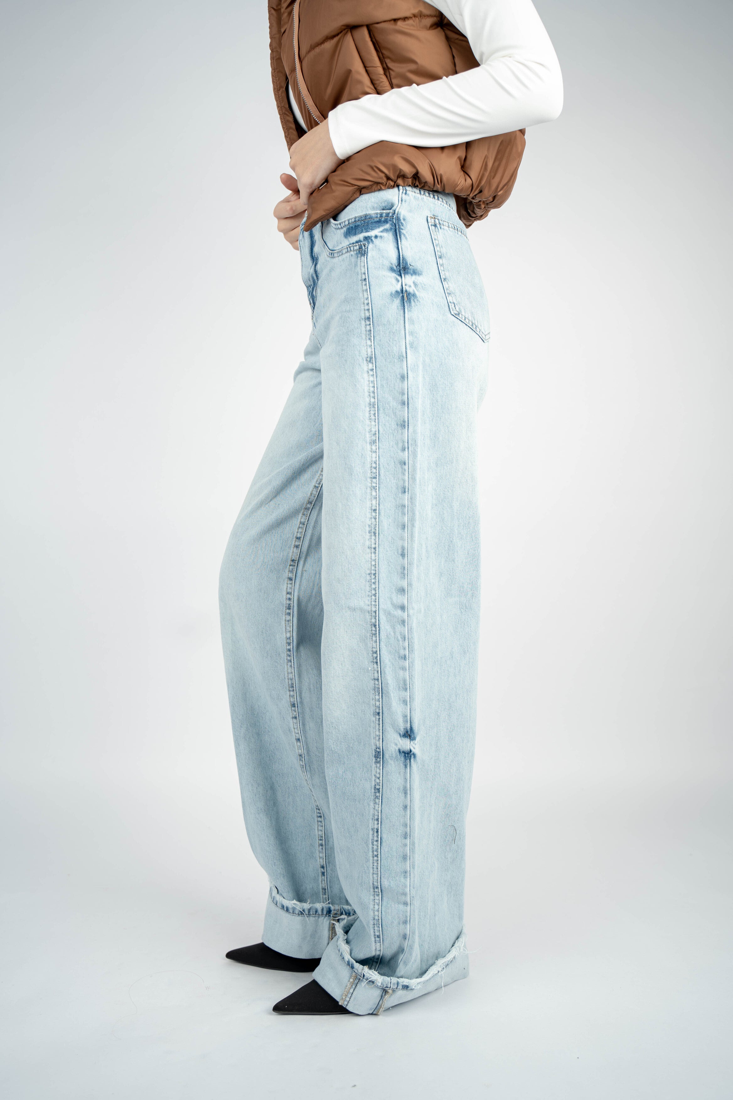 High-Waist Light Wash Long Straight Leg Jeans