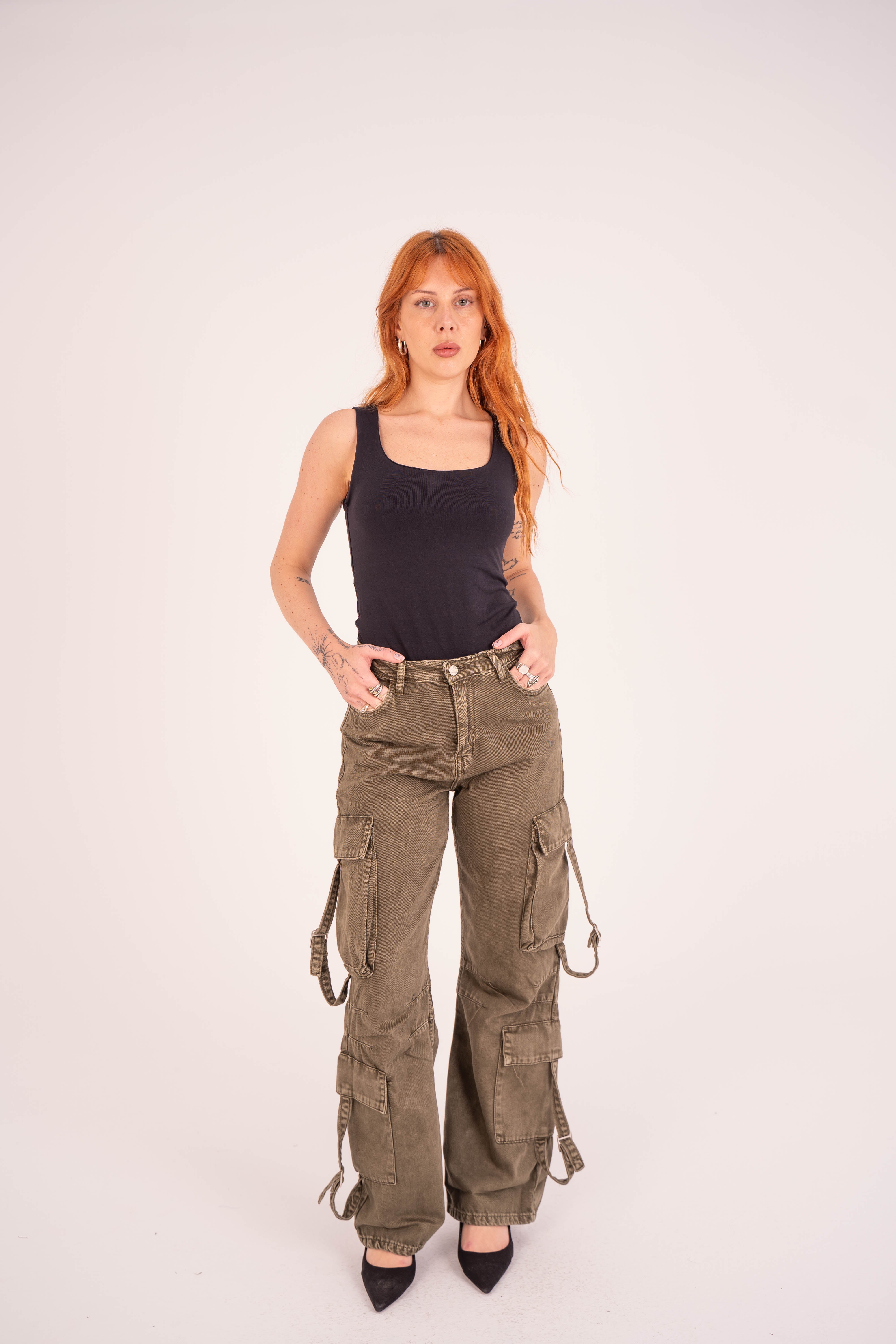 High-Waist Olive Stone Cargo Jeans