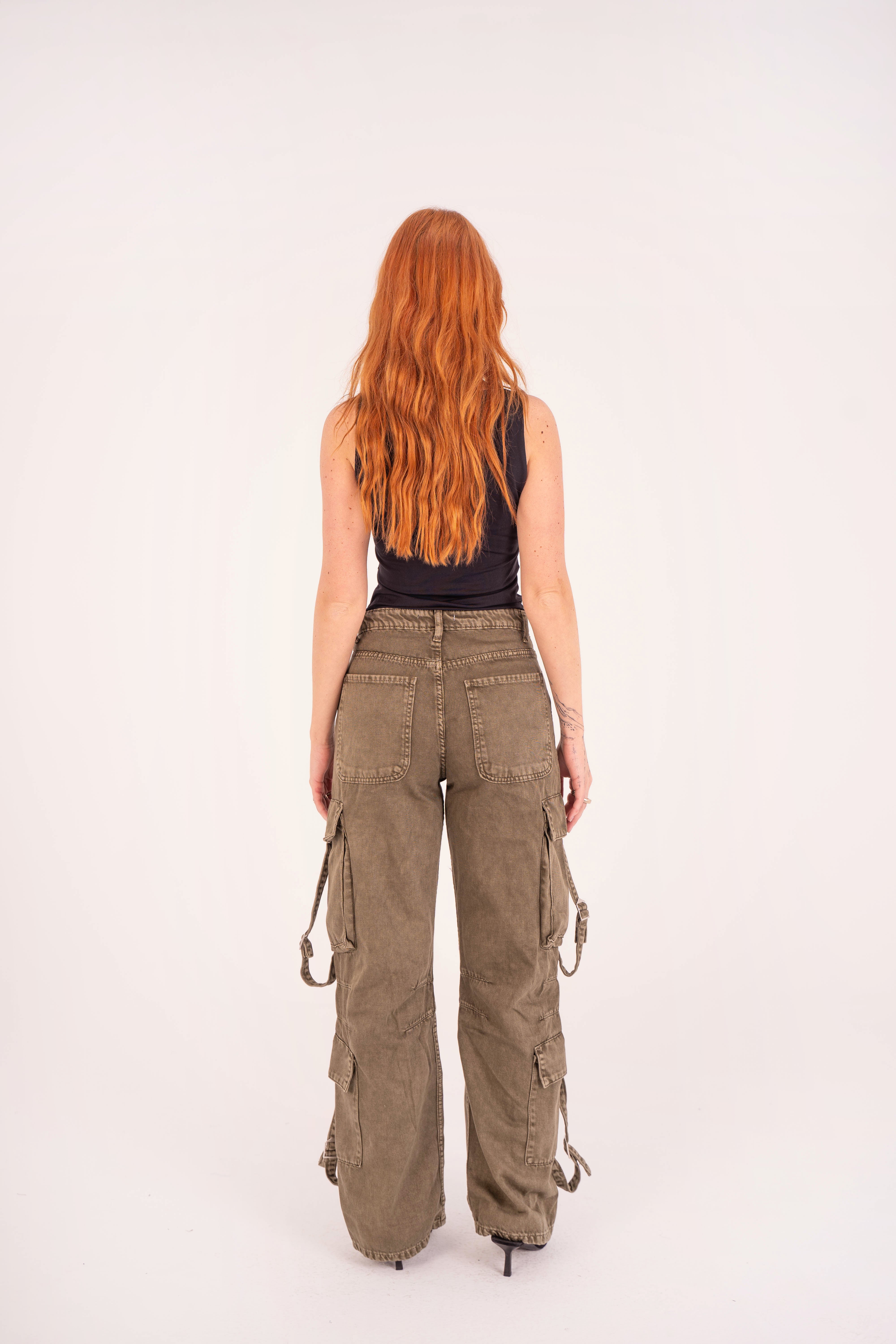High-Waist Olive Stone Cargo Jeans