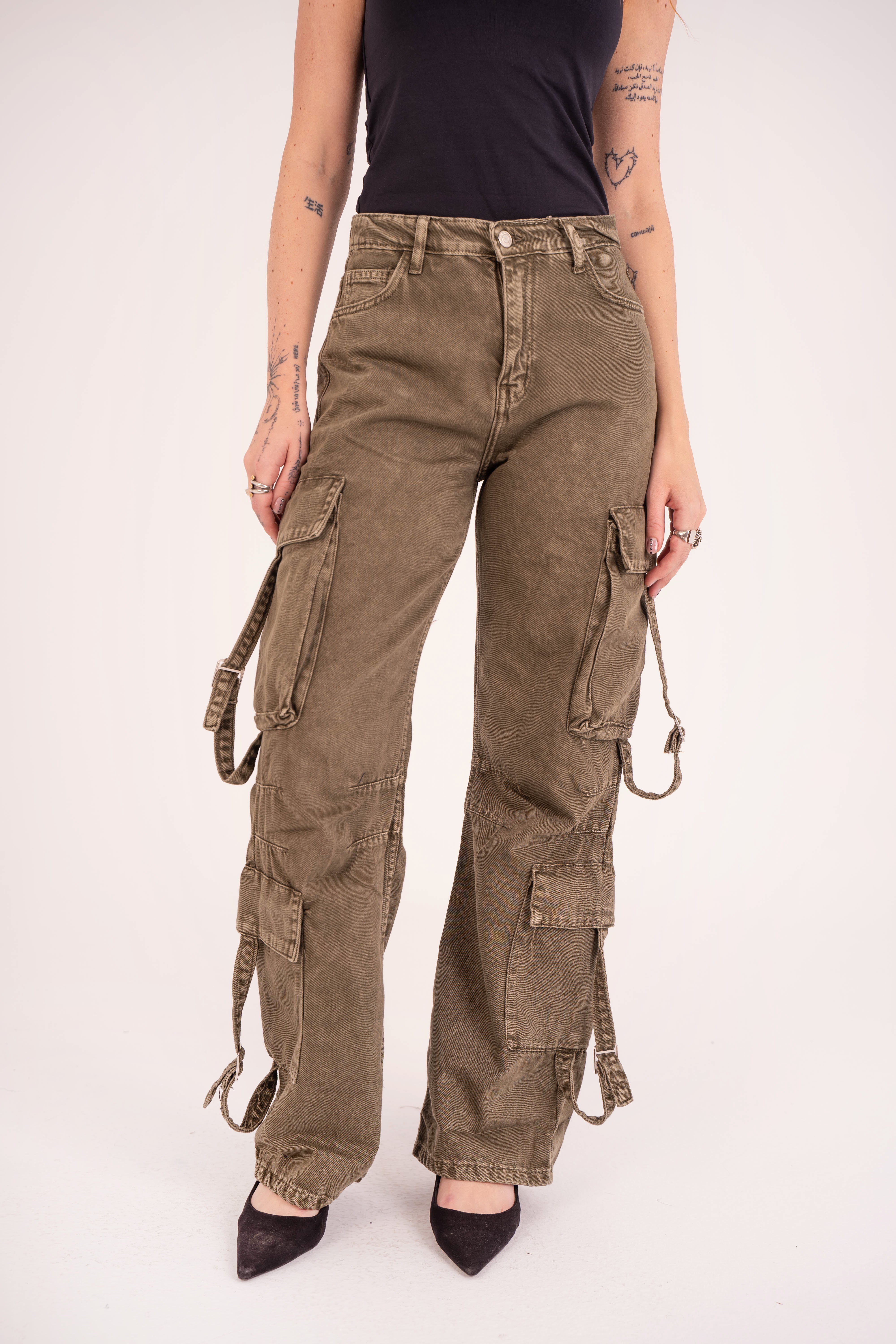 High-Waist Olive Stone Cargo Jeans