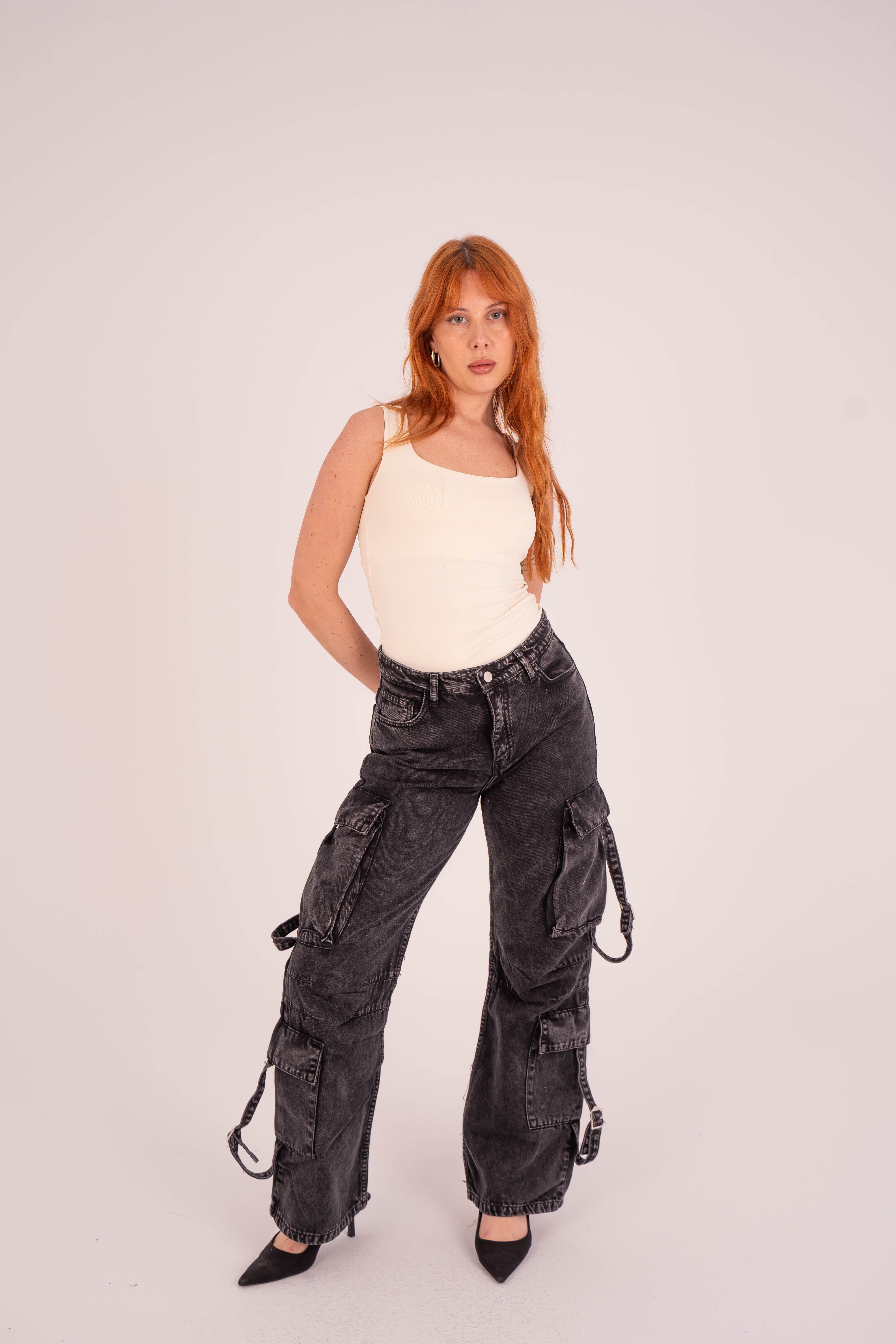 High-Waist Black stone Cargo Jeans